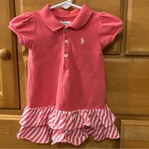 Ralph Lauren Baby Pique Cotton Polo Dress w/Striped Ruffles & Yellow Pony 6Month